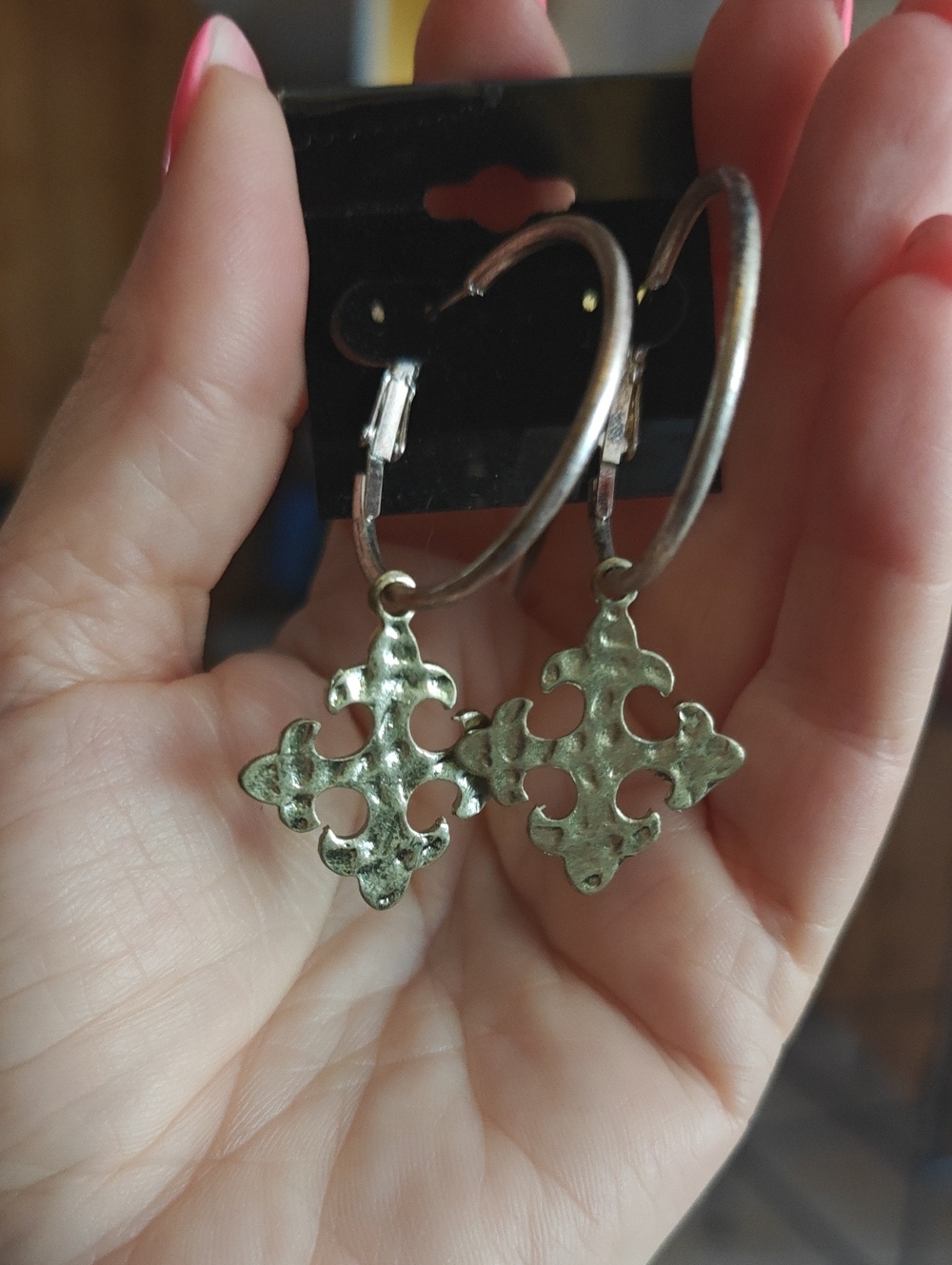 Hammered Cross Drop Hoop Earrings - Silver